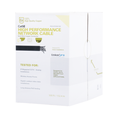 Cable Cat5e de alto rendimiento certificaciones ETL, UL, con garantía de 25 años, de 500 ft ( 152.5 m ) de color Blanco, para aplicaciones en video vigilancia, redes de datos. Uso Interior.