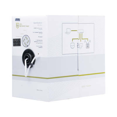 Cable Cat5e de alto rendimiento certificaciones ETL, UL, con garantía de 25 años, de 500 ft ( 152.5 m ) de color Blanco, para aplicaciones en video vigilancia, redes de datos. Uso Interior.