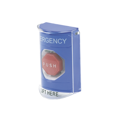 Botón de Emergencia con Bocina de Advertencia Integrada, Texto en Inglés, Tapa Protectora de Policarbonato Súper Resistente, Restablecimiento con Llave