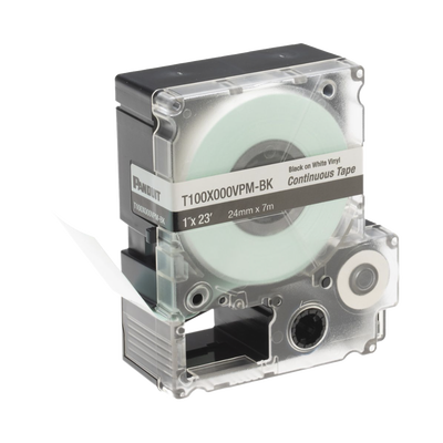 Casete de Etiquetas de Vinilo de Cinta Continua, Color Negro Sobre Blanco, Uso Interior/Exterior, 24 mm (1 in) de Ancho x 7.6 Metros de Largo