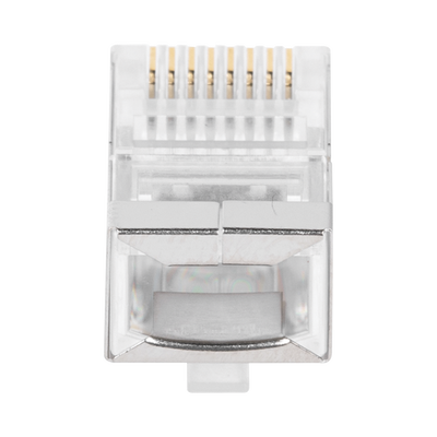 Bote con 100 Plugs Pass through RJ45 Cat5e BLINDADO, chapado de oro a 30 micras para durabilidad extrema