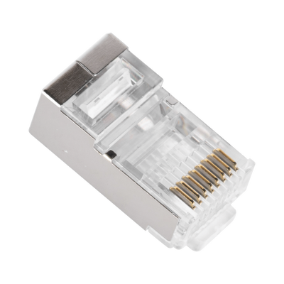 Bote con 100 Plugs Pass through RJ45 Cat5e BLINDADO, chapado de oro a 30 micras para durabilidad extrema