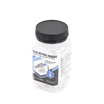 Bote con 50 Plugs Pass through RJ45 Cat6 sin blindaje, con alivio de tensión incluido, chapado de oro a 30 micras para durabilidad extrema