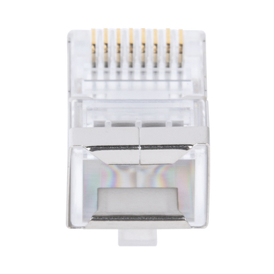 Bote con 100 Plugs Pass through RJ45 Cat6 BLINDADO chapado de oro a 30 micras para durabilidad extrema