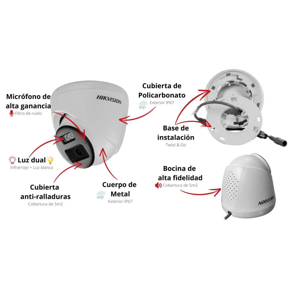 [Audio Bidireccional + Dual Light + ColorVu] Turret TURBOHD 4K (8 Megapixel) / Lente 2.8 mm / 40 mts IR EXIR + 40 mts Luz Blanca / Micrófono y Bocina Integrado / Exterior IP67 / dWDR