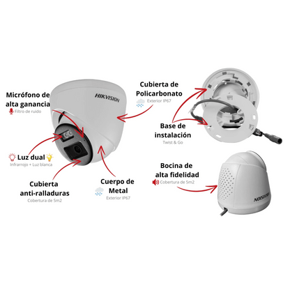 [Audio Bidireccional + Dual Light + ColorVu] Turret TURBOHD 4K (8 Megapixel) / Lente 2.8 mm / 40 mts IR EXIR + 40 mts Luz Blanca / Micrófono y Bocina Integrado / Exterior IP67 / dWDR