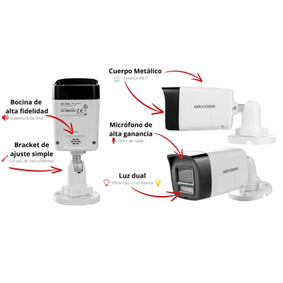 [Audio Bidireccional + Dual Light + ColorVu] Bala TURBOHD 4K (8 Megapixel) / Lente 2.8 mm / 30 mts IR EXIR + 20 mts Luz Blanca / Micrófono y Bocina Integrado / Exterior IP67 / Metal / dWDR