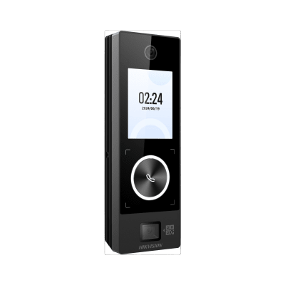 Terminal Facial Min Moe WiFi & PoE con Botón de Llamada y LECTOR DE QRs FISICO / Exterior IP65 / Tarjetas Virtuales Bluetooth con HikConnect Teams / 1000 Rostros y 3,000 Huellas