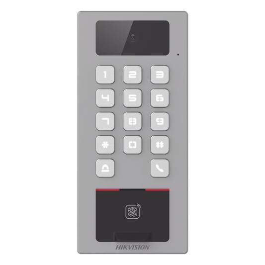 (PoE / 2 Relays) Terminal de Control de Acceso / Videoportero Multiapartamento Llamada a App / Teclado / Exterior Antivandálico IP65 & IK09 / Huella, Tarjeta, Código QR, PIN o App Hik-Connect  / Cámara 2 MP compatible con NVRs