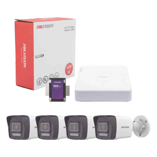 Kit IP 4 Megapixel / NVR de 4 Canales con 4 Puertos PoE / 4 Cámaras IP Bala Dual Light (IR + Luz Blanca) con Microfono Integrado y ACUSENSE Lite para Exterior/ Bobina de Cable de 100 mts / SSD de 1 TB
