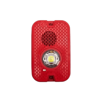 Sirena con Lámpara LED Estroboscópica / a 2 Hilos / Montaje en Pared / 12 o 24 Vcd / Configuración Estroboscópica Seleccionable / Texto en Inglés / Color Rojo / Uso exterior